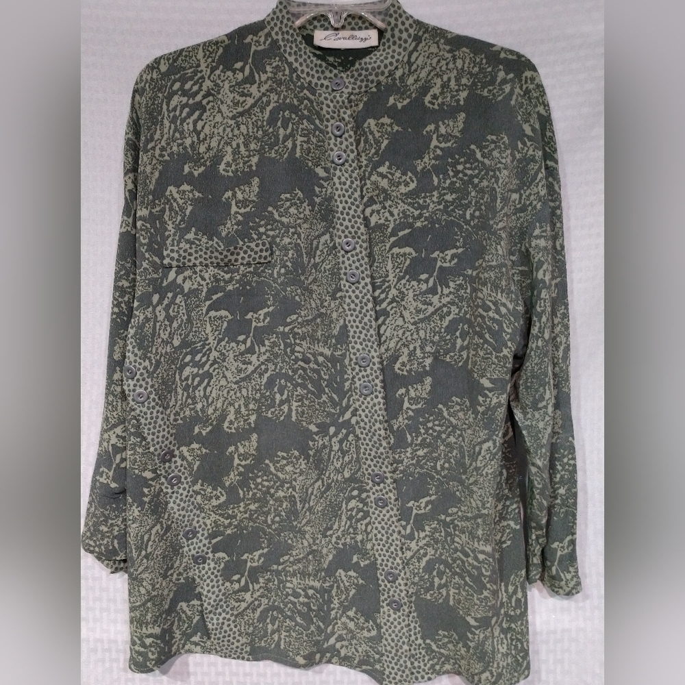 Cavalluzzi Women's Top Shirt Green Abstract Print Asymmetrical Medium Made USA